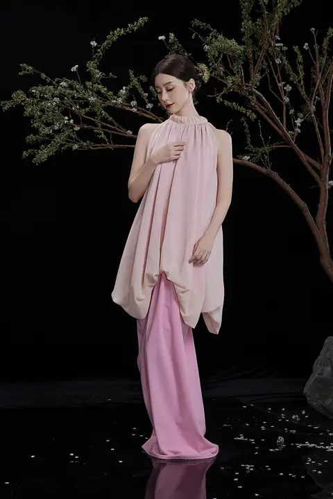 新中式デザインの掛け襟花苞スカート【夏季・ピンク・ウエストリボン】（セットアップ対応）