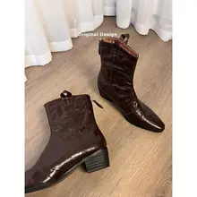 水洗牛皮製 女性用 ヴィンテージスタイルのショートブーツ【太ヒール・先細デザイン】