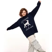 アメリカンレトロ 小犬プリントのネイビーカラー長袖Tシャツ【秋用・ゆったりシルエット・カジュアル】