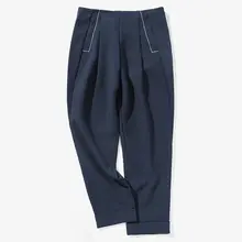 高腰八分丈パンツ【深い青・ロールアップ・夏用・フィット】（セットアップ対応）