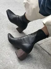 尖頭・ブロックヒールの中筒ブーツ【弾力素材・韓国風】