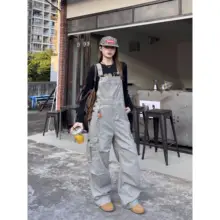 クラシックアメリカンスタイルのワイドレッグサロペットパンツ【ユニセックス・ドローストリング・多ポケット】