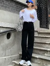 SELFSOLO ハイウエスト ブラックストレートデニムパンツ【レディース・秋冬用】