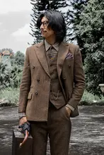 英国風のダブルブレストスーツジャケット【ウール混・ヘリンボーン柄・ビジネスカジュアル・スリムフィット】