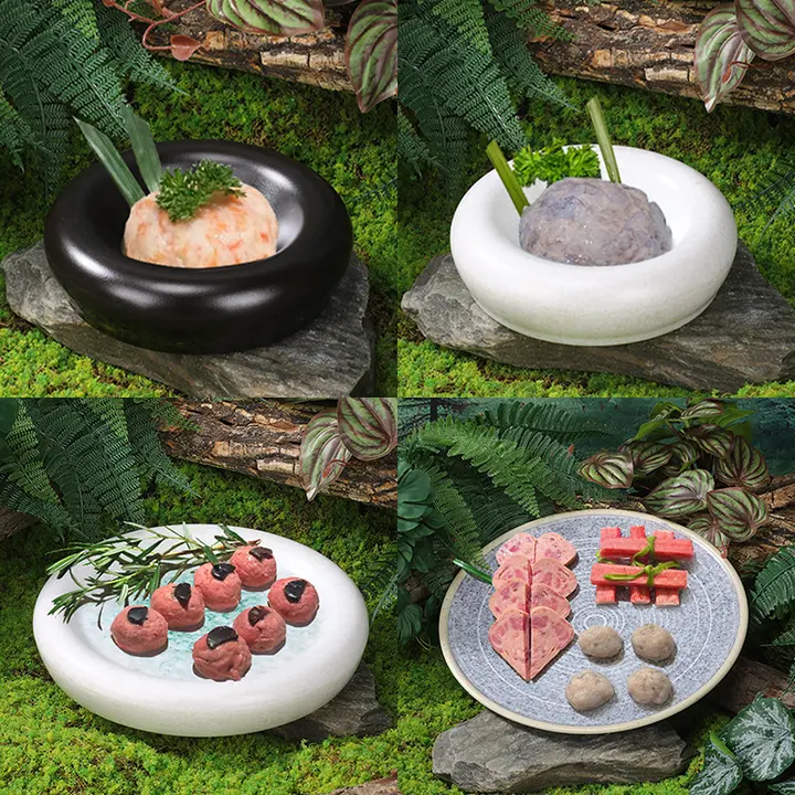 円形エビ滑り皿・黒トリュフボール皿・三種の唐辛子ビーフプレート【食器・メラミン製】