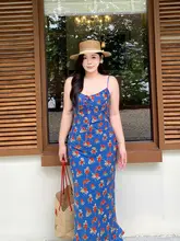 レトロ花柄デザインのウエストシェイプキャミソールワンピース【大きいサイズ・フランス風・ビーチリゾート用】