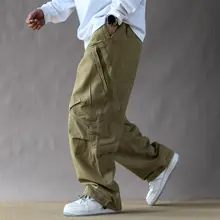 アメリカンレトロデザインのワイドチノパンツ【春秋用・カジュアル・カーキ色】（セットアップ対応）