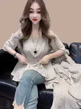 ストライプオフショルダー短袖シャツ【夏用・デザイン性高い・短丈・雪んこ生地】