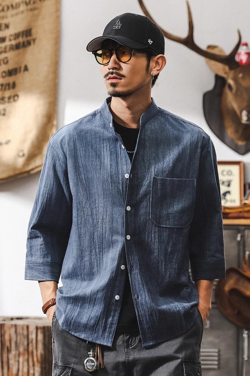 夏用の薄手コットンリネン七分袖シャツ【国風デザイン・ひらひらした立て襟・ゆったりフィット】