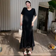 夏用 大きいサイズのレース切替 半袖ワンピース【フィット・膝下丈・シンプルデザイン】（セットアップ対応）