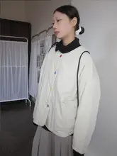 韓国風 ゆったりとした保温性のあるポケット付きコットンジャケット【シングルボタン・ラウンドネック】（セットアップ対応）