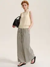 DESIGNER PLUS レトロストライプ ルーズフィットハイウエストワイドパンツ【軽量・スタイル】