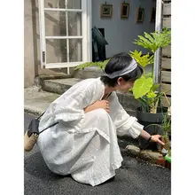 白色リネンのフレンチスタイルロングシャツドレス【ゆったりシルエット・全開襟】（セットアップ対応）