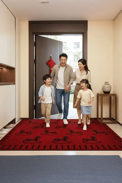 新年用赤い玄関マット【滑り止め付き・お祝いデザイン】
