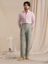 クラシックスタイル リネン混紡 男性パンツ【通気性・ブラウン・強撚素材】
