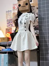 白いドット柄のウエストマーク入りワンピース【夏用・Aライン・女性用・学院風】（セットアップ対応）