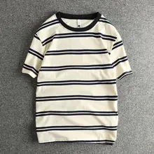全棉ニットストライプTシャツ【メンズ・丸首・短袖・カジュアルスタイル】