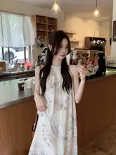 新中式プリントネックレス付きワンピース【夏季・Aライン・フレンチスタイル】