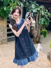 フレンチスタイルのチェック柄ノースリーブデニムワンピース【夏用・女性・小柄対応】（セットアップ対応）