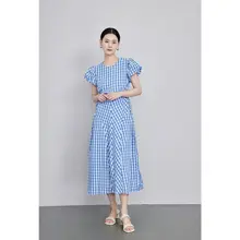 ウエストレースアップチェック柄ワンピース【夏用・短袖・ロング丈】