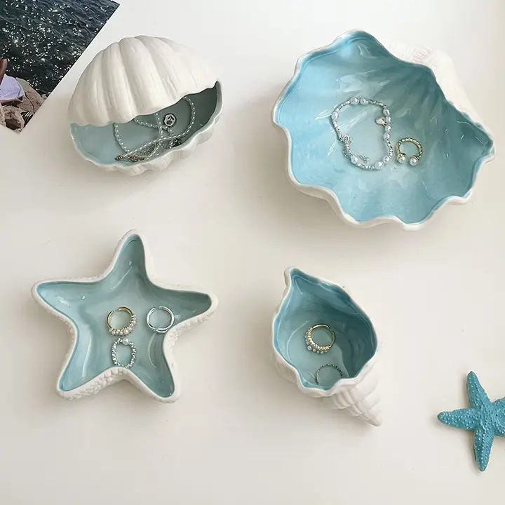 海洋デザインの陶製ジュエリーボックス【貝殻・海星・デスク装飾用】