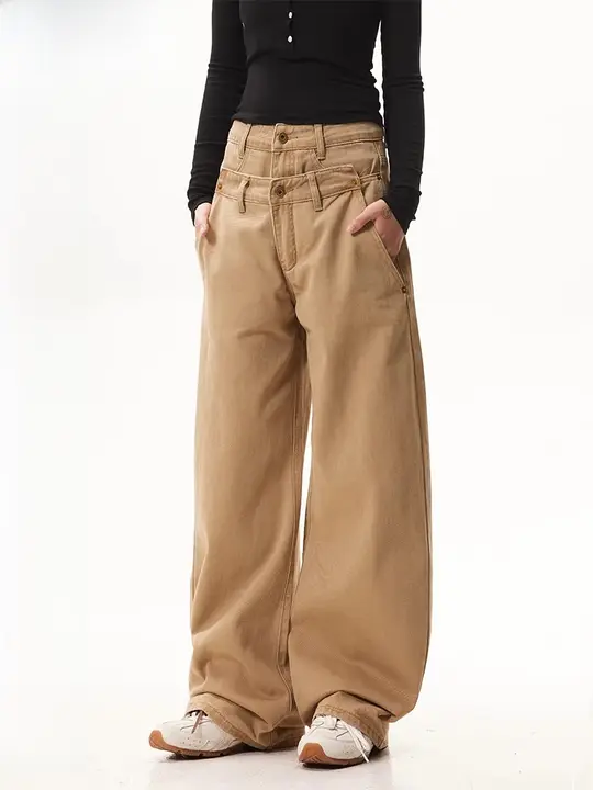 レトロアメリカンデザインのデコンストラクションダブルウエストストレートデニムパンツ【秋冬用・女性・カジュアル・ロング丈】