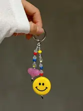 ハート型笑顔ビーズ付きスマホストラップ【DIYキーリング・ユニバーサルアクセサリー】