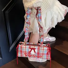 リボンチェック柄の小型ショルダーバッグ【夏用・高級感・褶みデザイン】