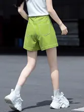 アボカドグリーンデニムハーフパンツ【夏用・ハイウエスト・Aライン・ゆったり・女性用】