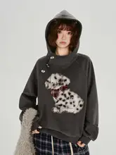 アメリカンヴィンテージ風フリース刺繍フード付きトレーナー【冬用・ゆったりシルエット】