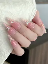 ネイルチップ プレスオンネイル ハンドメイド オーロラピンク 蝶モチーフ 防水 着脱可能 きれいめ 上品 透明感 夏