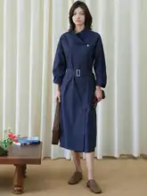 Herz 深青色スタンドカラーコート風ロングドレス【秋冬用・レトロ・ウエストリボン】