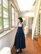 ポルカドットウォッシュドデニム サスペンダードレス【春用・学院風・バックストラップ】