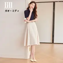 米白色の中長丈ひざ丈スカート【通勤・オフィス・フランス風】（セットアップ対応）