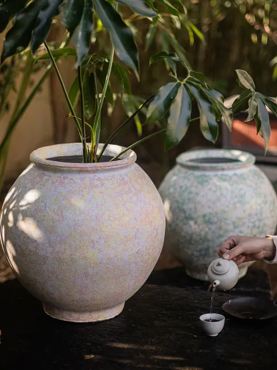 レトロ風 陶器調プランター【中華風・緑の植物用・インテリア装飾】