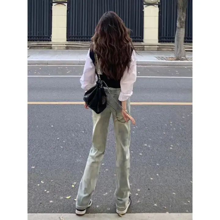 高腰デニムパンツ【春夏用・イエローダイ・細身・ストレッチ・ヴィンテージ風】