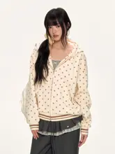 レトロドットデザインのフード付きトップス【女性用・カジュアルスタイル・小さいサイズ対応】（セットアップ対応）