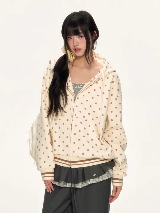 レトロドットデザインのフード付きトップス【女性用・カジュアルスタイル・小さいサイズ対応】（セットアップ対応）