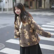 黒いジッパー付きパーカー【冬・ゆったり・レトロビアモチーフ・羊毛調】