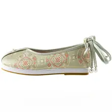 刺繍リボン付きフラットシューズ【国風・エスニックデザイン・緑・弓型】