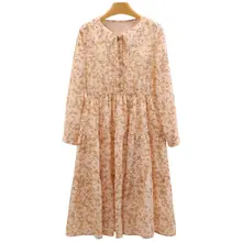 花柄ドロップショルダーセミフレアワンピース【リボン付き・ウエストゴム・秋用】