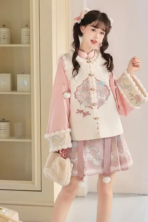 中華風デザインのマント付きドレス【スイートスタイル・少女向け・フレアスカート】（セットアップ対応）