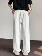デニムパンツ ユニセックス ホワイト シンプル ルーズ ストレート ドレープ フルレングス カジュアル ストリート 夏 「BWKA」