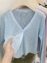 涼しげなデザインのVネックカーディガン【長袖・黒・薄手・夏用・日焼け防止】