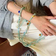 海塩メロン夏用スマホストラップ【手編み・ロング・ショルダー紐・オリジナルビーズチェーン】