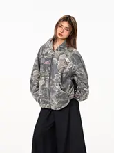 BLACKBB ジャケット【カモフラージュパッチワーク・グラフィティデザイン・レディース・ルーズフィット・フード付き】