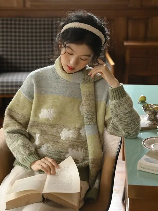 立体刺繍ウサギデザインのグラデーションニットセーター【冬季・レディース・カジュアルタイプ】（セットアップ対応）
