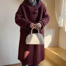 Uniko フード付きレッドダブルフェイスウールコート【冬用・ロング丈・ボタンデザイン】