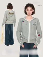 グレーのフード付きジッパー編みニットカーディガン【ショート丈・春秋冬用】