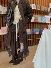 不規則デザインのハイウエストAラインスカート【レースとスエード調素材・ミディ丈・透け感あり】